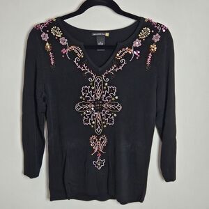 Sweaterworks Women's Size M Embellished Top Knit Beaded V Neck 3/4 Sleeve Blouse